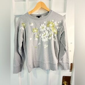 J. Crew Gray Sweater with White and Gold Floral Embroidery